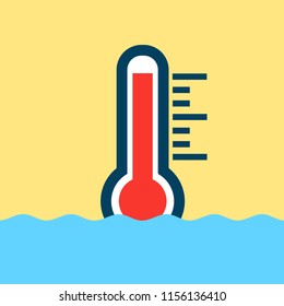 High temperature of the warm water - hot and boiling liquid is measured by thermometer. Vector illustration