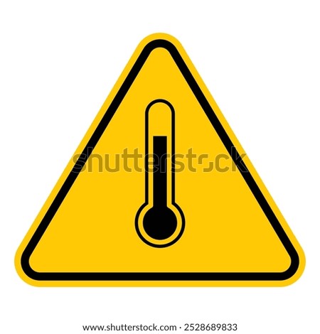 High temperature warning icon sign. Vector illustration of yellow triangle sign with caution high temperature, thermometer. Very hot and scorching. Board warning sign label, logo or packaging industry