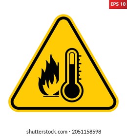 High Temperature Warning Sign. Vector Illustration Of Yellow Triangle Sign With Fire And Thermometer Icon Inside. Very Hot And Scorching. Caution Symbol Isolated On Background. Summer Concept.