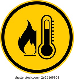 High temperature warning sign. yellow circle sign with fire and thermometer icon inside. Caution symbol isolated on white background. Summer concept.
