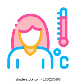 Síntoma De Alta Tempratura Del Icono Del Vector De Embarazo Firma Línea Delgada. Silueta De Mujer Persona Y Termómetro Médico, Síntoma Del Pictograma De Embarazo. Ilustración de contorno de futuras madres