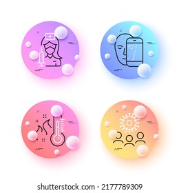 High thermometer, Coronavirus and Face biometrics minimal line icons. 3d spheres or balls buttons. Vaccination icons. For web, application, printing. Vector