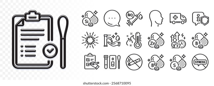 High thermometer, Head and Cobalamin vitamin line icons for web app. Glare of light effect. Message icon. Pack of Pantothenic acid, No smoking, Coronavirus vaccine pictogram icons. Vector