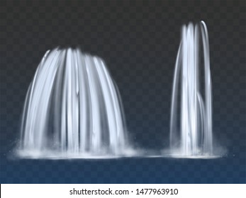 High, thin and wide waterfalls or fountains, high-water river streams, clean freshwater wellsprings flows 3d realistic vectors isolated on transparent background. Natural environment design element