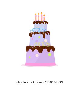 High three-tiered birthday cake with chocolate topping, cream decor and candles on white