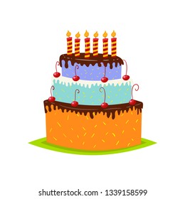 High three-tiered birthday cake with chocolate top, cream decor and candles on white background