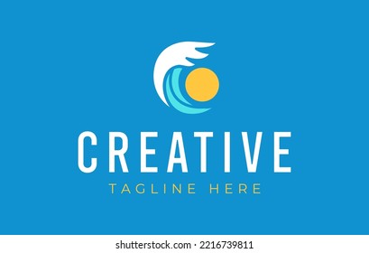 High Tide Sea Logo Design. Wave Moon View Vector Line Icon Template