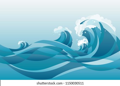 high tide water waves Background. illustration of waves in the rising blue sea, with white background.