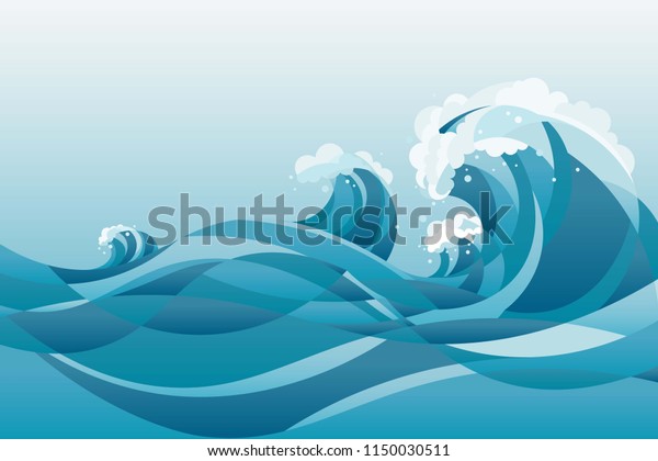 high tide water waves\
Background. illustration of waves in the rising blue sea, with\
white background.