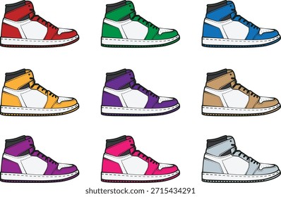 Conjunto de Ilustración vectorial de zapatillas de deporte de caña alta. Colección colorida del zapato de baloncesto en diversas colorways aisladas en el fondo blanco.