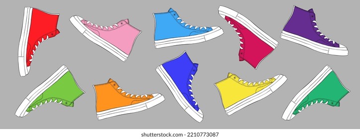 High Top Sneakers. Shoes. Trendy fashion for teenagers. Active lifestyle. Cute Hand drawn illustration. Digital art. Icon, isolated on gray background. Colorful sticker. Vector EPS10. 