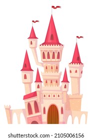 High tower castle. Fairytale building in cartoon style