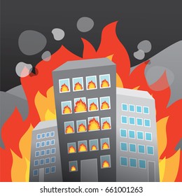 High tower in the city on fire. Emergency case. People crying and need help. Vector illustration.