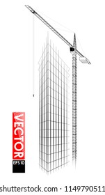 High tower crane at the construction site. Lifting loads up. The building of a high-rise building. Very detailed traced mechanism