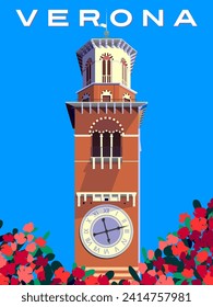 High Tower Verona handmade drawing vector illustration. Verona Italy Poster.