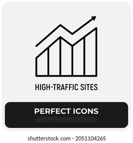 Icono de línea delgada del sitio de alto tráfico. Estadísticas de crecimiento de visitantes. Ilustración vectorial moderna.