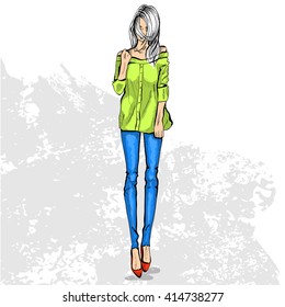 High trendy color look .Glamor stylish beautiful young woman model. Bright colorful cloth. Fashion style