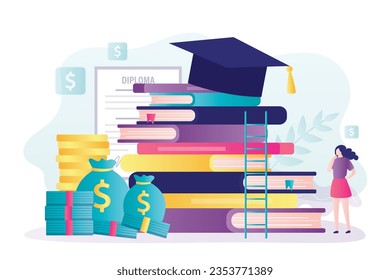 High tuition fees, poor girl thinks about student loan. Education credit or scholarship, college fee, tuition expenses, textbooks and graduation hat. Finance system, school fee, economy. flat vector