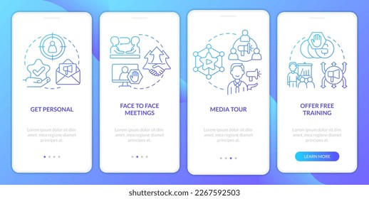 Tácticas de alta respuesta gradiente azul en pantalla de aplicación móvil. Recorrido de compromiso 4 pasos de instrucciones gráficas con conceptos lineales. UI, UX, plantilla GUI. Multitud de tipos de letra Pro-Bold, con uso regular