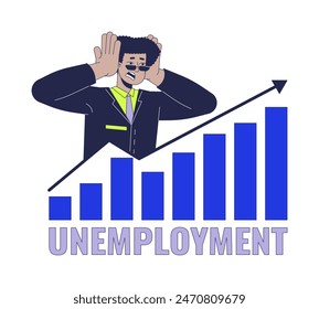 High unemployment rate 2D linear illustration concept. Scared latin american man with diagram cartoon character isolated on white. Job market failure metaphor abstract flat vector outline graphic