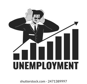 High unemployment rate black and white 2D illustration concept. Scared latin american man with diagram cartoon outline character isolated on white. Job market failure metaphor monochrome vector art