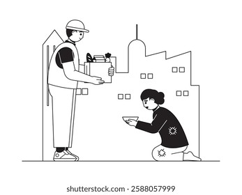 High unemployment rate causing people to be deprived, black and white outline style, social issues vector illustration.