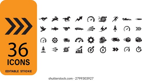 High Velocity Speed and Athletic Performance Agility Solid Glyph Icon Set Featuring Wild Running Cheetahs Fast Galloping Horses Quick Rockets Mechanical Speedometers and Rapid Growth Arrows