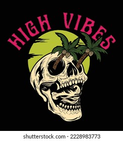 High vibes.with neon colors ,palms and skull t shirt print design.