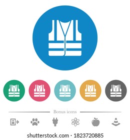 High visibility safety vest flat white icons on round color backgrounds. 6 bonus icons included.