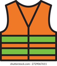 Chaleco de seguridad de alta visibilidad Icono de Vector plano para la protección del sitio de construcción, un ícono de Vector plano profesional de un chaleco de seguridad naranja de alta visibilidad con rayas reflectantes de color verde neón. Esta ilustración minimalista de EPP es perfecta para la señalización de seguridad industrial, gráficos de obras de construcción y manuales de protección del lugar de trabajo, que representan equipos de visibilidad esenciales para los trabajadores y socorristas de emergencia.