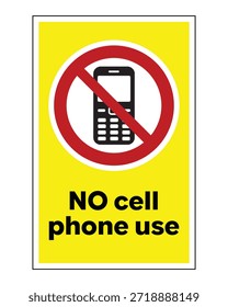 Alta visibilidad amarillo sin uso de teléfono celular signo con símbolo de prohibición rojo e ícono de teléfono móvil para la seguridad pública y zonas de comunicación restringida - alta Imagen de stock vectorial