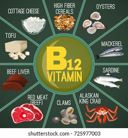 High vitamin B12 Foods. Healthy seafood, meat, fish, crab, cottage cheese and oysters. Vector illustration in diagram style on a green background.