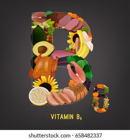 High vitamin B6 Foods. Healthy fruits, berries, nuts, fish, meat and vegetables in a letter B shape. Vector illustration in bright colours on a dark grey background.