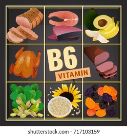 High vitamin B6 Foods. Healthy fruits, berries, nuts, fish, meat and vegetables. Vector illustration in bright colours on a dark grey background.