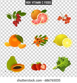 High vitamin C foods. Healthy fruits, berries and vegetables. Vector illustration in bright colours on a transparent background
