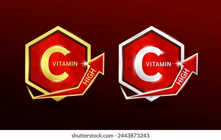 Hohes Vitamin C in Sechseckform Aluminium Gold und Silber mit Glanzpfeil. Wird für Design-Nahrungsergänzungsprodukte verwendet. Minerals Label Symbol Logo 3D auf rotem Hintergrund. Vektor EPS10.