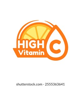 High vitamin C, orange fruit and letter C text label concept. Design for packaging presentation, advertising, logo or symbol.