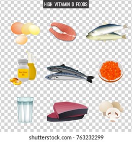 High vitamin D foods. Fresh fish, milk, eggs, caviar and mushrooms. Vector illustration in bright colours on a transparent background