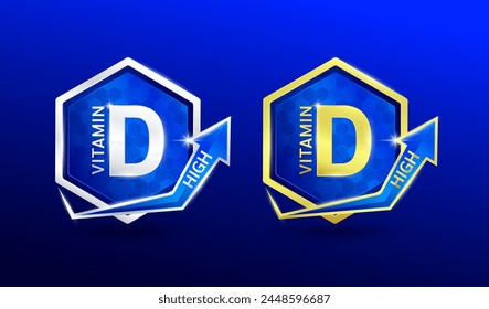 High vitamin D in hexagon shape aluminum gold and silver with shine arrow. Used for design nutrition supplement products. Minerals label symbol logo 3D on blue background. Vector EPS10.