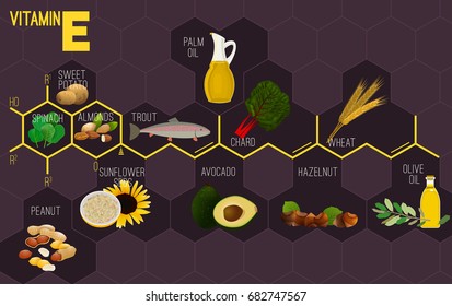 High vitamin E Foods. Healthy fruits, berries, nuts, fish  and vegetables. Vector illustration with chemical formula in bright colours on a dark violet background.