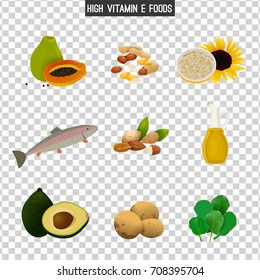 High vitamin E foods. Vector illustration isolated on a transparent background. Healthy food collection.