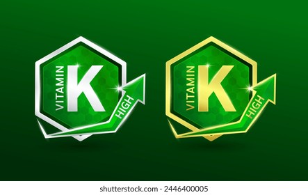 High vitamin K in hexagon shape aluminum gold and silver with shine arrow. Used for design nutrition supplement products. Vitamins label symbol logo 3D on green background. Vector EPS10.