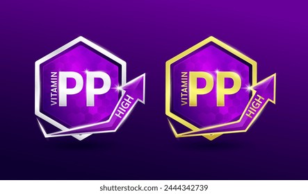 High vitamin PP in hexagon shape aluminum gold and silver with shine arrow. Used for design nutrition supplement products. Minerals label symbol logo 3D on purole background. Vector EPS10.