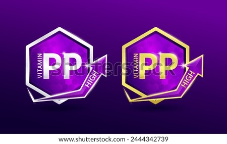 High vitamin PP in hexagon shape aluminum gold and silver with shine arrow. Used for design nutrition supplement products. Minerals label symbol logo 3D on purole background. Vector EPS10.