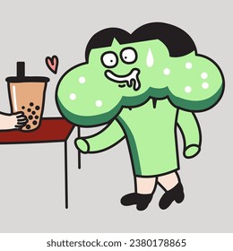 High Vitamin And Protein Broccoli Girl Go And Get Some Cup Of Bubble Milk Tea Concept Card Character illustration