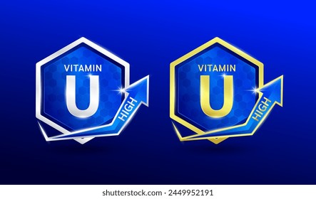 Alta vitamina U en forma de hexágono de oro de aluminio y plata con flecha brillante. Se utiliza para el diseño de productos de suplementos nutricionales. Símbolo de etiqueta de minerales logo 3D sobre fondo azul. Vector EPS10.