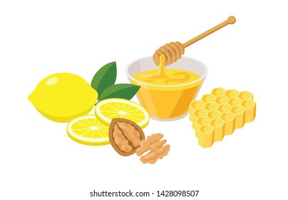 High vitamins food set in flat design isolated on white background. Healthy immune-boosting foods for strengthening immunity - lemon, nuts, honey that fight Cold.