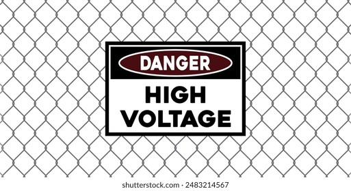 High voltage attention sign on background of Rabitz texture, Chain-link mesh fence 