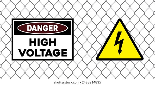 High voltage attention sign on background of Rabitz texture, Chain-link mesh fence 