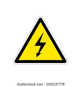 High voltage, bright triangle yellow warning sign isolated on white